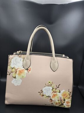 Elegant Beige-Pink Floral Satchel Handbag